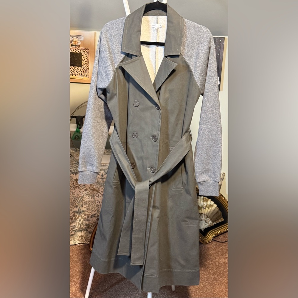 EUC Good American 2 Tone Olive Gray Fleece Mixed Media Midi Trench - Picture 3 of 14